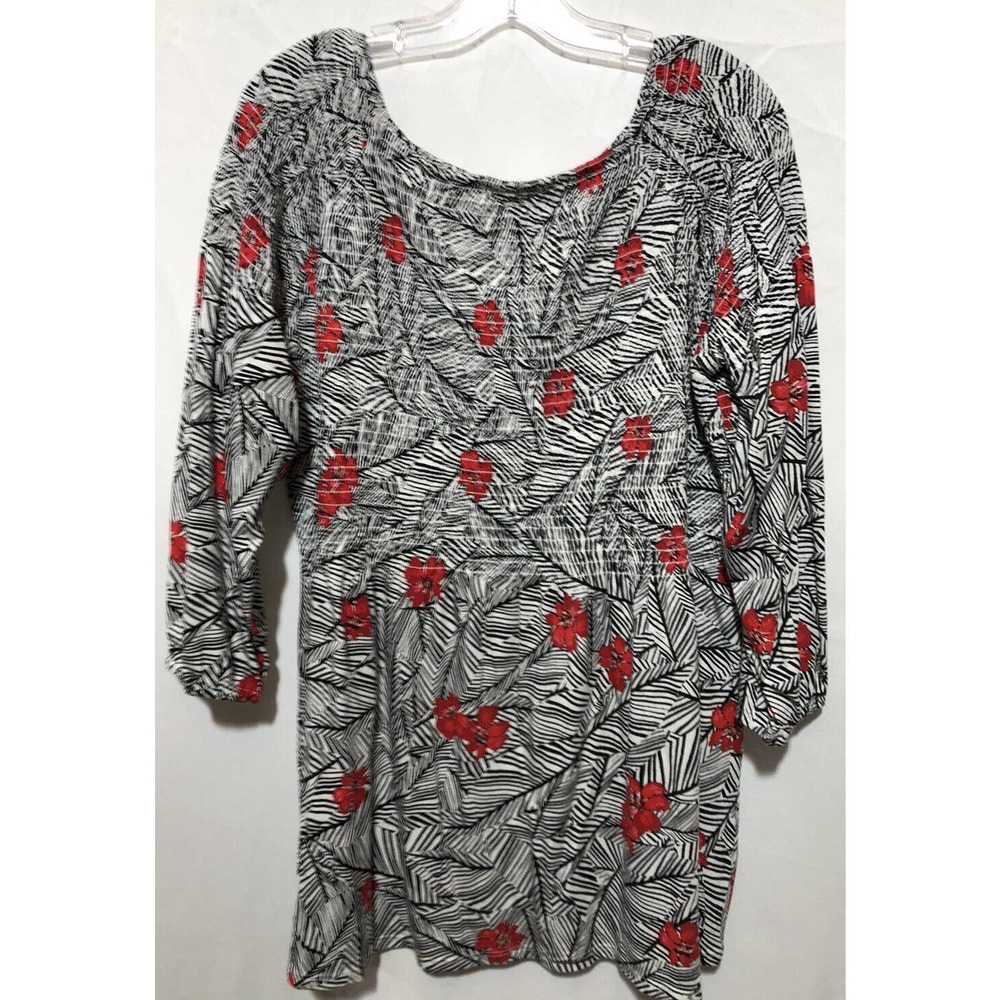 J Jill Top Shirt Womens XL Black Red Floral Smocked 3/4 Sleeve Empire Waist